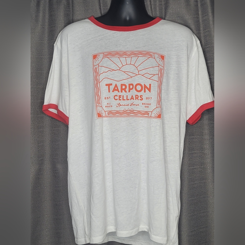 Tarpon Cellars White Tshirt with Red Logo Sleeve and Collar Ribs XL